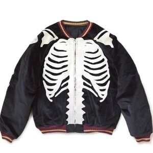 Kapital Black Velvet Skeleton Bomber Jacket with White Rib Appliqué